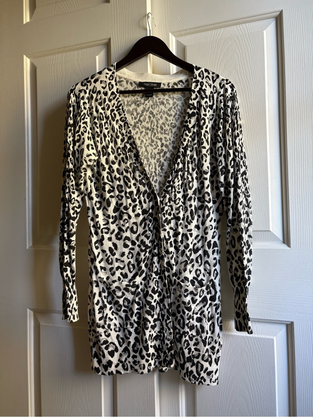 White House Black Market Black and White Leopard V-Neck Cardigan